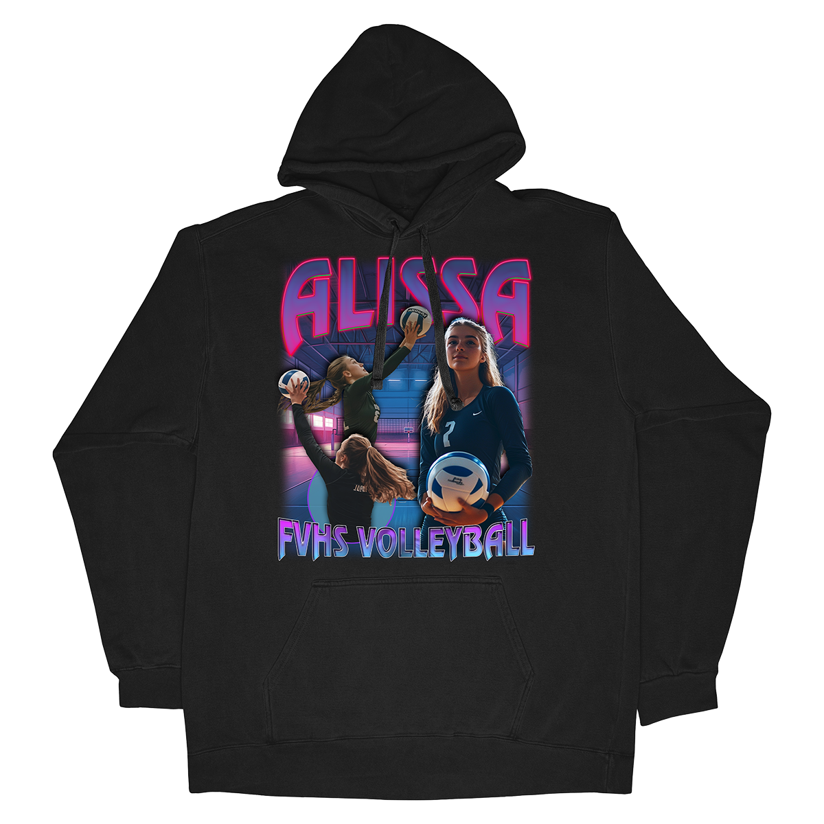 a black hoodie with a picture of two women playing volleyball